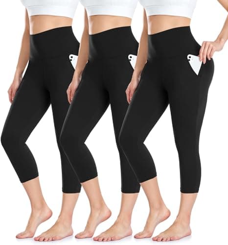Image of BLONGW 3 Pack Capri 3/4 Length Leggings for Women,High Waisted Cropped Leggings Soft Sport Trousers with Pockets for Workout Gym Yoga Fitness Running(Black,XXL-3XL)