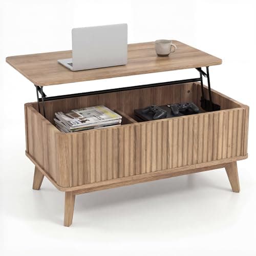 Image of COSTWAY Lift Up Top Coffee Table, Rectangle Lifting Cocktail Center Table with Hidden Storage Compartments & Rubber Wood Legs, Accent Sofa Side Tea Tables for Living Room Office (Oak, 90x50x42/56cm)
