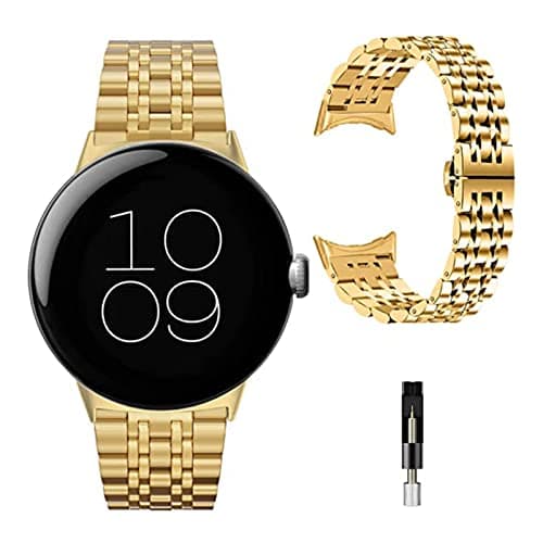 Image of Miimall Metal Strap for Google Pixel Watch 4/3/2/1 41mm, Ultra-thin Stainless Steel Band with Folding Clasp Men Women Adjustable Replacement Strap Wristband for Pixel Watch 4 41mm 2025-Gold