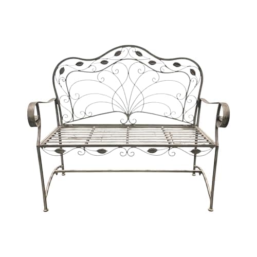 Image of AcaciaHome Durable & Stylish 2-Seat Vintage Garden Bench in Grey Antique Finish - Premium Wrought Iron with Rectangular Back & Arms, Outdoor Seating for Adults & Kids, Garden or Patio Décor