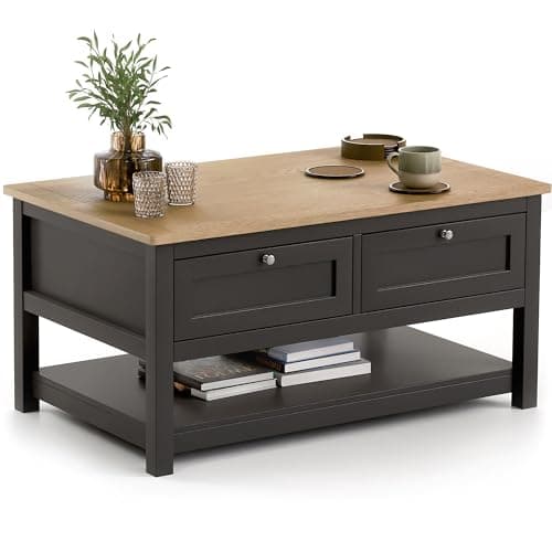 Image of CHRISTOW Coffee Table with Storage & Oak-Effect Top, Lower Shelf & 2 Pull-Down Drawers, Modern 2-Tier Living Room or Bedroom Table, Sturdy MDF Frame, Matte Painted – Charcoal, H43cm x W86cm x D55cm