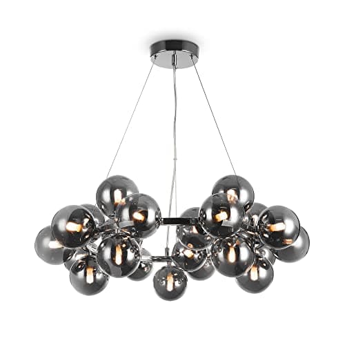 Image of Modern Chandelier, Pendant Ceiling Light Round, Metal chromeframe, 25 Bubble Grey Glass lamp Shades, Adjustable Height, Unusual Unique Design, for 25 Bulbs G9 28W not incl