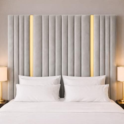 Image of Spring Well Extra Tall Floor Standing Upholstered Headboard, Plush Velvet Clarnce Design with Gold Trim, Modern Style, Single, Double, King & Super King Sizes (Silver, 4ft6-177cm Tall)