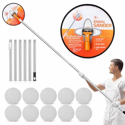 Image of 9 Inch Drywall Pole Sander for Walls: Lifegogo 360° Rotation Radial Sander with Extension Pole 10Pcs Sanding Sheets (80/100/120/180/240Grit) Aluminum Alloy Poles Sanders Kit