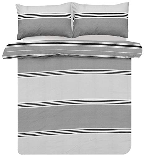 Image of Sleepdown Duvet Cover Set - Grey - Geometric Banded Stripe - Reversible Quilt Cover Easy Care Bed Linen Soft Cosy Bedding Sets with Pillowcases - Double (200 cm x 200 cm)