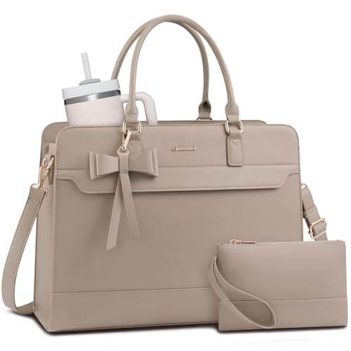 Image of LOVEVOOK Laptop Bags for Women, 15.6 Inch Ladies Handbags Large Work Tote Bags with Compartments, PU Leather Womens Handbag Shoulder Bag for Office School Business Shopping, Taupe