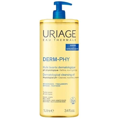Image of Uriage Derm-Phy Shower Oil 1L - Face & Body Wash - Dry & Sensitive Skin - Cleanses, Nourishes, Prevents Dryness - 25% Glycerin & Extra-Rich Agents - Physiological pH - Soap-Free