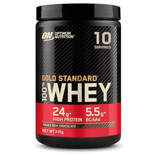 Image of Optimum Nutrition Gold Standard 100 Percent Whey Muscle Building and Recovery Protein Powder with Naturally Occurring Glutamine and BCAA Amino Acids, Double Rich Chocolate Flavour, 10 Servings, 310 g