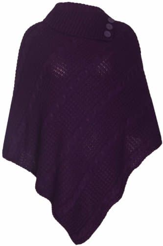 Image of Womens Cape Shawl Wrap Long Knitted Sweater Folded Roll Neck Button Jumper Ladies Poncho Top One Size Purple One Size 8 - 16