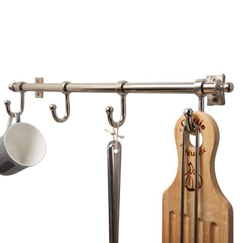 Image of keypak Wall-Mounted Metal Kitchen Rail, 4 Satin Nickel Hooks, Utensil & Mug Hanger, Hanging Rack for Cups, Pots, Pans & Towels
