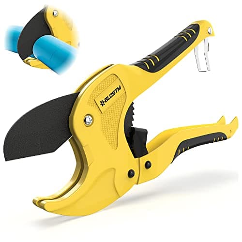 Image of BLOSTM Plastic Pipe Cutter - Heavy Duty Ratchet Pipe Cutters with 42mm Outside Diameter Cutting Capacity for PVC PEX PPR Plastic Pipes & Rubber Hoses, Ergonomic Non-Slip Handle & Safety Lock (Yellow)