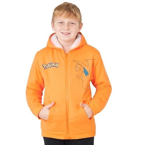 Image of Pokemon Hoodies for Boys Teens 7-14 Years, Soft Sherpa Fleece Hooded Sweatshirt, Warm Zip Up Loungewear, Anime Gifts for Boys (7-8 Years, Orange Charizard)
