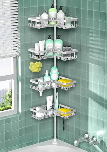 Image of Cooeco Corner Shower Caddy,Height Adjustable Telescopic Shower Caddy from 25 to 114 inches, Rustproof Bathroom Shelf with 4 Baskets, No Drilling Silver