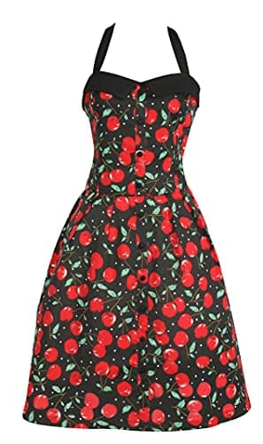 Image of Ladies 1950s Dress - Black Sleeveless Rockabilly Dress with Red Cherry Pattern - Womens 50s Retro Rock N Roll Fancy Dress Costume Outfit (Small/Medium)