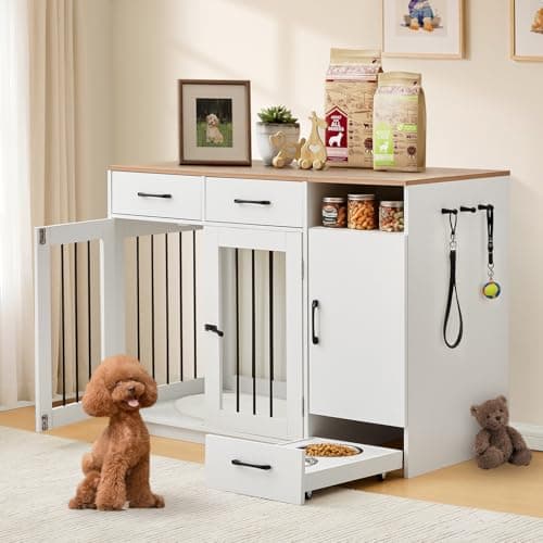 Image of TUKAILAi Dog Crate Furniture Style with Pet Feeder Station, Heavy Duty Pet Kennel Pen House with Drawer Storage, Indoor Dog Cage with Raised Bowls for Small Medium Pets (Small)