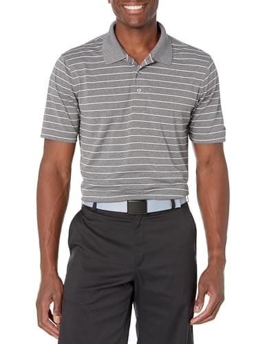 Image of Amazon Essentials Men's Golf Polo Shirt, Moisture-Wicking Quick Dry, Short Sleeve, Medium Grey Heather White Stripes, L