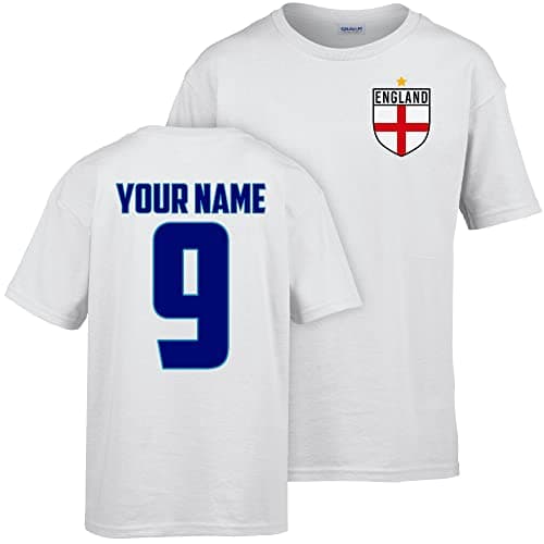Image of Personalised England Football Shirt Kids 2025, Boys and Girls Your Custom Name and Number Printed England Tshirt Top, New Updated 2025 kit, Retro Gifts for English Fans, 12-13 Years, White