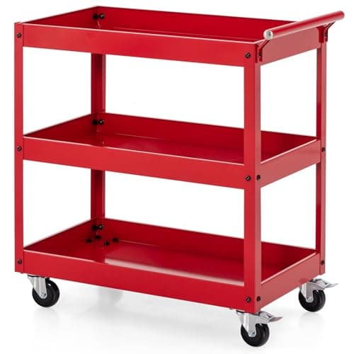 Image of COSTWAY 3 Tiers Tool Trolley, Heavy Duty Service Cart with Handle and Lockable Wheels, Rolling Workshop DIY Storage Trolley for Garage Restaurant Kitchen (1 Towel Rack Handle, Red)