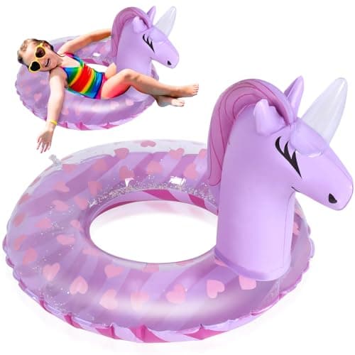 Image of Zuimei Unicorn Inflatable Pool Floats for Kids, PVC Float Inflatable Swimming Rings with Glitter Swimming Pool Toy Rubber Ring for Summer Pools Water Party, Purple (5-9 Years Old)