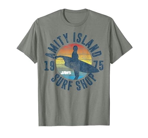 Image of Jaws Amity Island Surf Shop 1975 Retro Logo T-Shirt, Men, Olive Heather, Medium