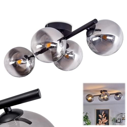 Image of Chehalis Ceiling Light, Ceiling lamp Made of Metal/Glass in Black/Smoke Colour/Clear, luminaire in Retro/Vintage Design with Glass Shades (Ø 12 cm), 4 x G9 LED, Without Bulbs