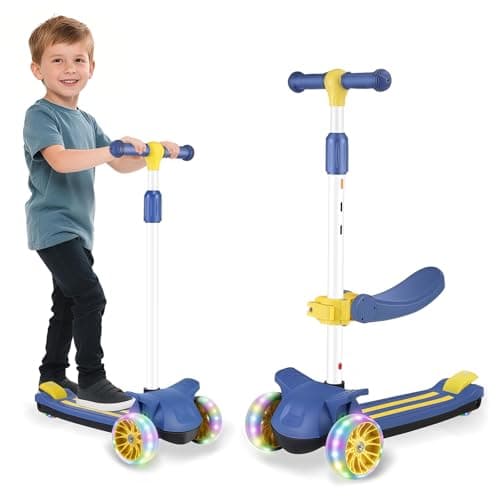 Image of Wheelive 2 in 1 Kids Scooter with Removable Seat, Light up 3 Wheels Kick Scooter with 4 Adjustable Height Toddler Scooters Sit or Stand Ride for Boys & Girls 2-10 Years Old,Blue