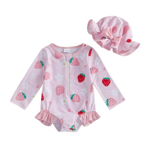 Image of BABWWNIX Infant Baby Girls One Piece Swimsuit Long Sleeve Rash Guard Swimwear Strawberry Print Zipper Bathing Suit with Hat (Pink, 6-12 Months)