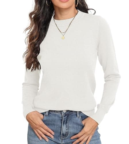 Image of GRECERELLE Womens Jumpers Soft Knit Basic Crew Neck Long Sleeve Fall Winter Spring Sweater Tops for Ladies (White, M)