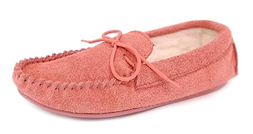 Image of Frank James Suede Wool Lined Ladies Pink Moccasin Slippers Made In England