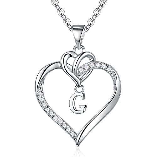 Image of TINGN Heart Initial Necklaces for Women Girls, Heart Initial G Pendant Necklace 14K White Gold Plated Dainty Heart Necklaces for Women Teen Girls Jewelry Gifts for Wife Girlfriend Mom Women