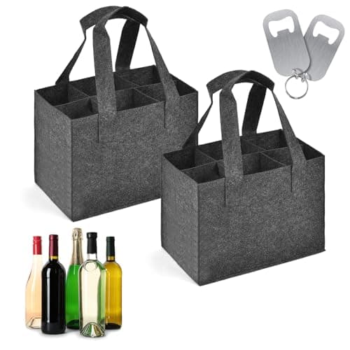 Image of HOTUT Wine Carrier Bag 6 Bottles, 2PCS Felt Wine Bottle Carrier Bags, Portable Wine Bottle Bag with Handle & Bottle Opener, Tote Bags for Transporting Liquor, Champagne, Beer, Drinks, Water, Dark Gray