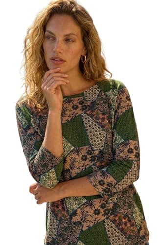Image of Roman Originals Stretchy Top for Women UK - Ladies Jersey Blouse Smart Casual Tunic Work 3/4 Length Sleeve Round Neck Boat Neckline Flattering Autumn Winter - Green - Size 20