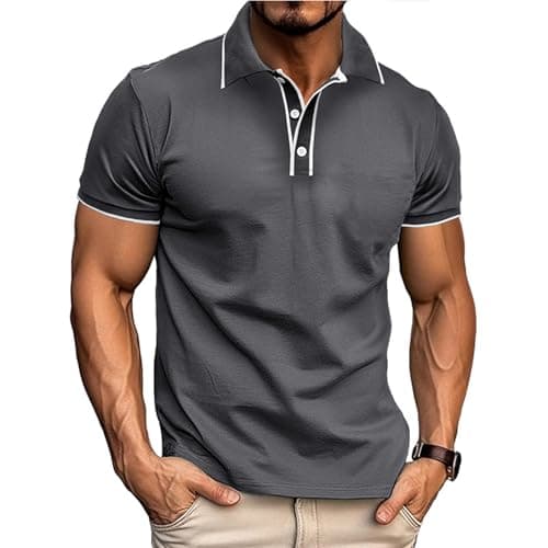 Image of Volemo Mens Polo Shirts Short Sleeve Polos Cotton T Shirt Summer Tops Regular Fit Grey Polo Shirt Men XL T Shirts