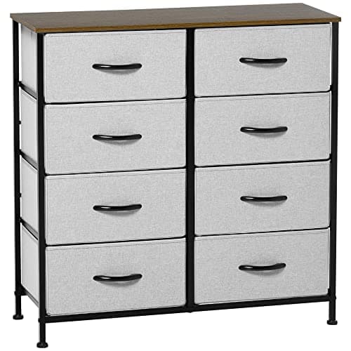 Image of HOMCOM Fabric Chest of Drawers, Industrial Bedroom Dresser with 8 Fabric Drawers, Steel Frame and Wooden Top for Nursery, Living Room, Hallway, Grey