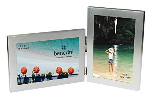 Image of Brushed Aluminium Satin Silver Colour Twin 2 Picture Double Folding Photo Frame Gift - Takes 2 Standard 6 x 4 inch photographs (1 Landscape and 1 Portrait Style)