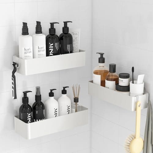 Image of Kitsure 3 Pack Rustproof Shower Caddy - 3 Shelves, Drill-Free & Quick-Dry Shower Organizer, Rustproof Bathroom Shelves with 4 Hooks, Large, White