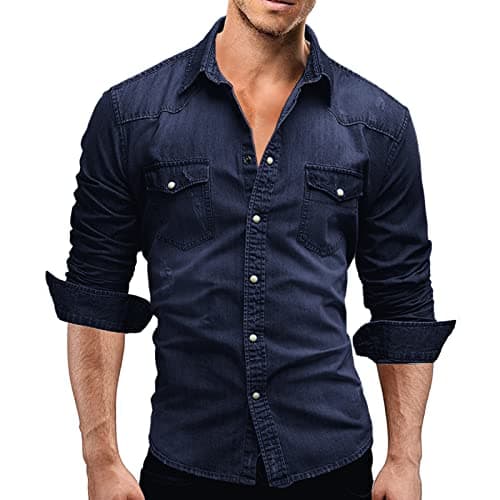 Image of Rodawu Men's Denim Shirt - Stretch Cotton Cowboy Button Down Casual Shirt - Deep Blue - Men's XL Muscle Fit