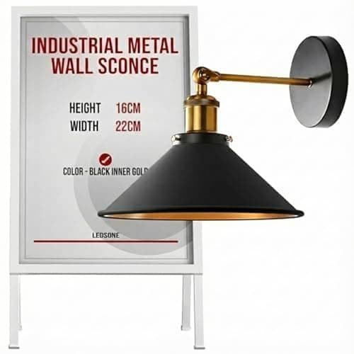 Image of LEDSone Metal Black Wall Sconce Antique Gold Inner Cone Shape Industrial Wall Light E27 Bulb Base Light Fixtures Indoor for Bar Restaurants Living Room Bedroom Bathroom Hallway Balcony Stairs.