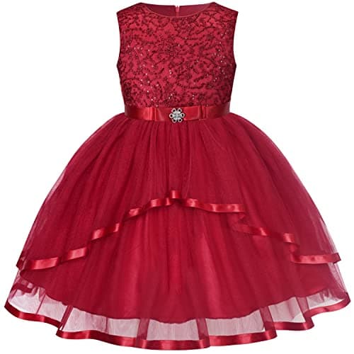 Image of Sunny Fashion Flower Girls Dress Dark Red Sequins Bridesmaid Wedding Party Age 6 Years