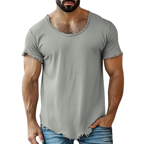 Image of Mens Wide Scoop Neck Muscle T-Shirt - Casual Short Sleeve Slim Fit Top, Soft Breathable Cotton for Summer & Gym Wear Light Ashy S