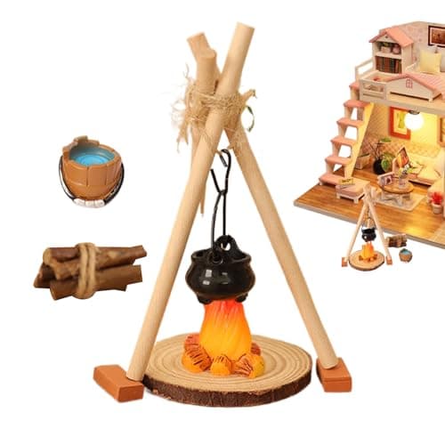 Image of Miniature Campfire for Home, Camping Accessories Fairy Garden 1 12 Scale - Kettle Teapot with Miniature Hanging Stove | for Indoor Outdoor Parties Family Meeting Garden