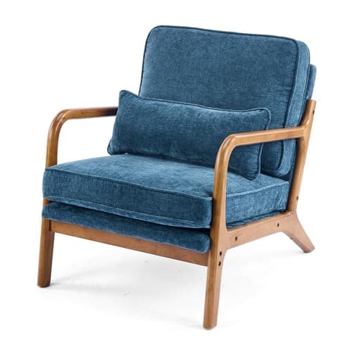 Image of VINGLI Arm Chairs,Mid Century Modern Accent Chairs with Solid Wood Frame,Comfy Upholstered Armchair with Lumbar Pillow,Chairs for Living Room,Bedroom,Small Spaces,Chenille (Blue)