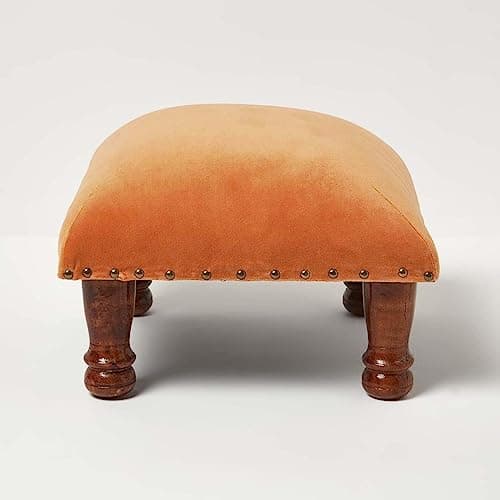 Image of HOMESCAPES Burnt Orange Velvet Footstool 40 x 40 cm Square Pouffe on Solid Wood Legs 25 cm Tall Ottoman Style Upholstered Footrest
