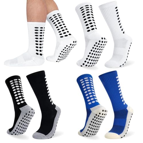 Image of Zuimei 3 Pairs Football Grip Socks for Men, Grip Socks Football Socks Anti-slip Sports Socks for Football Basketball Soccer Volleyball Yoga Running Trekking Hiking, white,blue,black