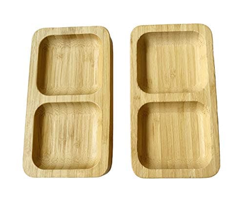 Image of Ecowonder Natural Bamboo Wooden Small Serving Platters Dual Square Snack Tray Set (Set of 2) - Sauce Dishes Set - Party Food Platter Plates for Nibbles Tapas Cheese Sushi Dips Sauce Bowl Side Plates