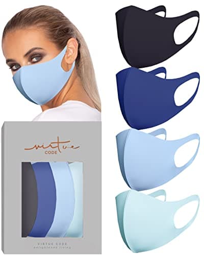 Image of VIRTUE CODE Second Skin Cloth Face Mask Pack. 4 Buttery Soft Masks Washable Fabric - Blue Face Mask Reusable. Stretchy, Comfortable, Fresh Facemask.