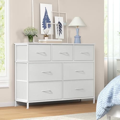 Image of SONGMICS LGS323WH01 Chest of Drawers, 7 Fabric Drawers, Storage Cabinet, Steel, MDF, Non-Woven Fabric, for Bedroom, Hallway, Living Room, Cloud White/Snow White