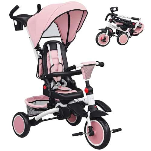 Image of AIYAPLAY Kids Trike, Toddler Tricycle 6 in 1 Foldable Baby Trike with Adjustable Parent Handle & Canopy, Convertible Seat, 5-Point Harness, Storage Basket & Bag for Ages 1-5 Years, Pink