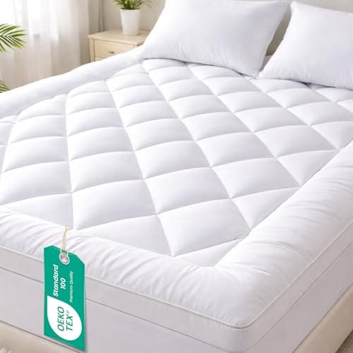 Image of Linens World Mattress Topper Double Bed 10cm Thick, Quilted Super Soft Microfiber Topper, 1200GSM Anti-Allergy Fiber Fill, Washable with Strong Elastic Straps for Extra Comfort (137×190cm)