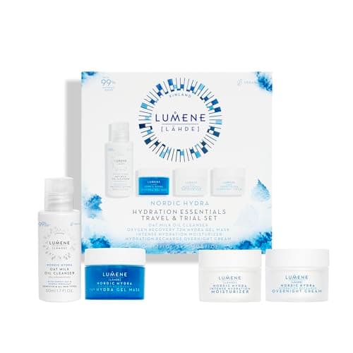 Image of LUMENE Nordic Hydra [LÄHDE] Travel and Sample Set with Hyaluronic Acid for Moisture Boost with Oil Cleanser 50 ml, Hydra Gel Mask , Overnight Cream and Moisturiser , Vegan